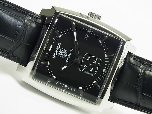 タグ・ホイヤー モナコ・オートマチック ブラック 革ベルト - 腕時計