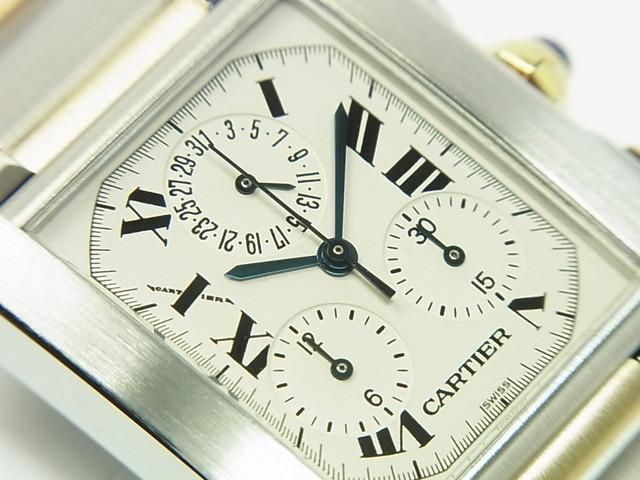 電池交換済 Cartier カルティエ タンクフランセーズ LM クロノリフレックス W51001Q3 クロノグラフ パーペチュアルカレンダー 白 ホワイト アイボリー SS ステンレス メンズ クォーツ【6ヶ月保証】【腕時計】