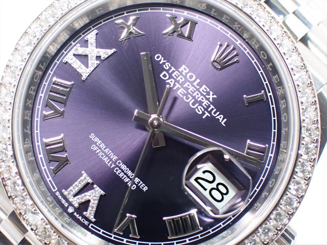 ロレックス デイトジャスト36 オーベルジーヌ文字盤 18KWGベゼルダイヤ VI/IXダイヤ SSジュビリーブレス 未使用品 - 腕時計専門