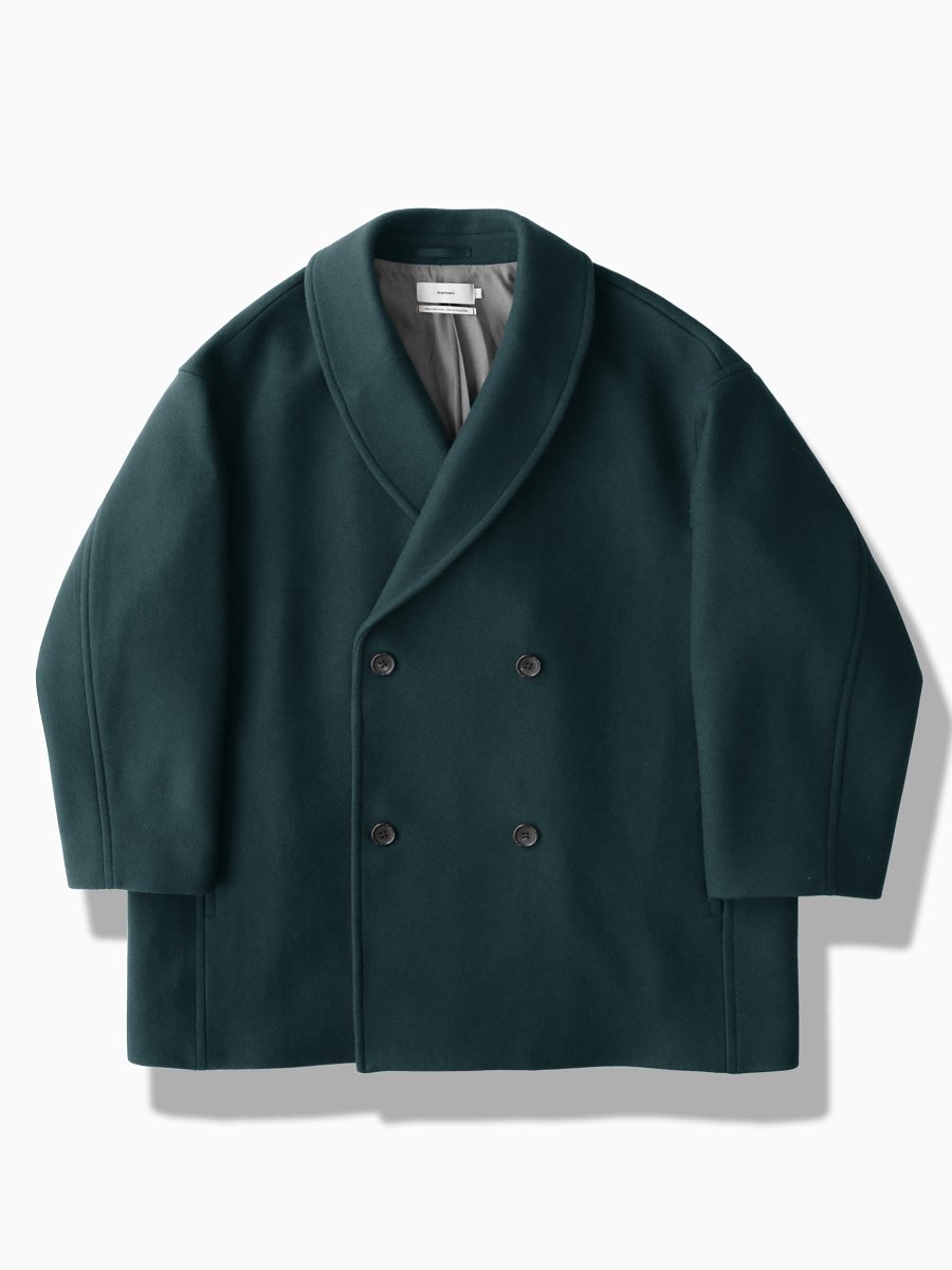 BRAND : Graphpaper<br>MODEL : SCALE OFF MELTON SHAWL COLLAR COAT<br>COLOR : D.GREEN