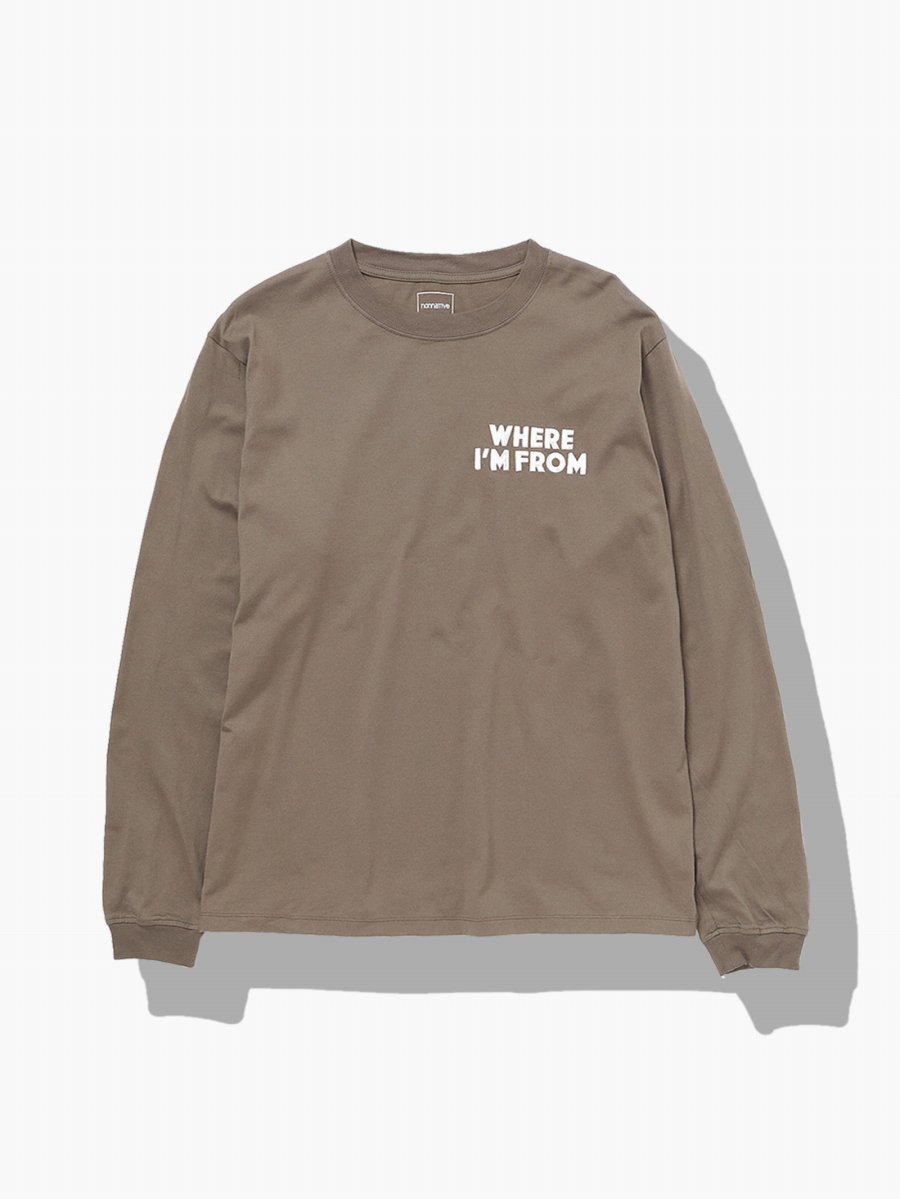 BRAND : NONNATIVE<br>MODEL : DWELLER L/S TEE 'WHERE IM FROM'<br>COLOR : BROWN