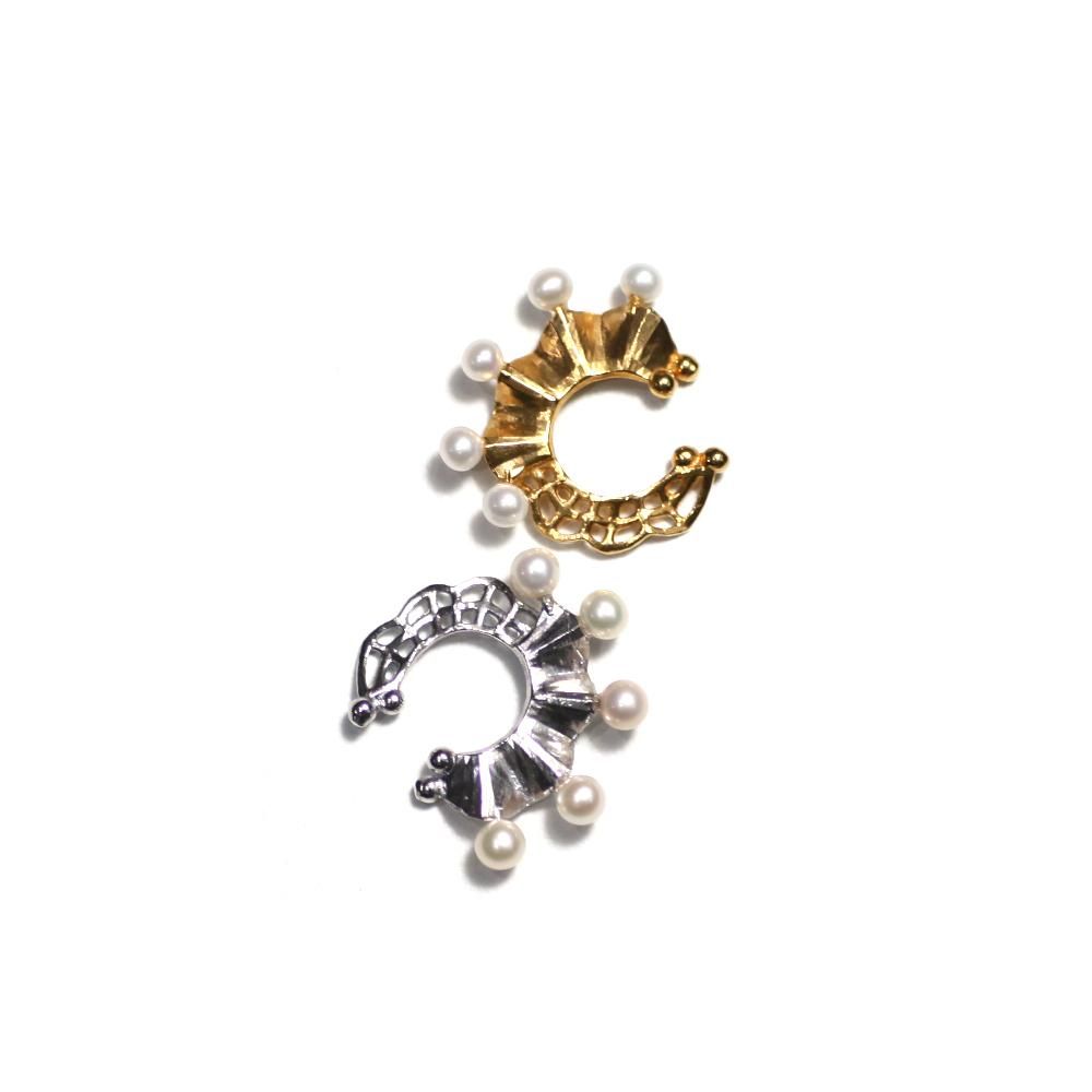 yum. / k18 ゴールド Wフリル ミニ イヤーカフ パール付き / Ec-09a