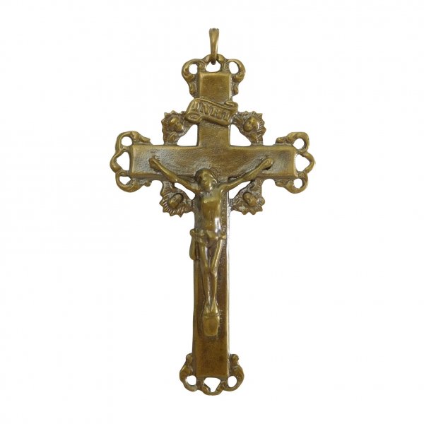 アンティークフランス 布帛と真鍮十字架 ブロンズ色のイエス シェル型