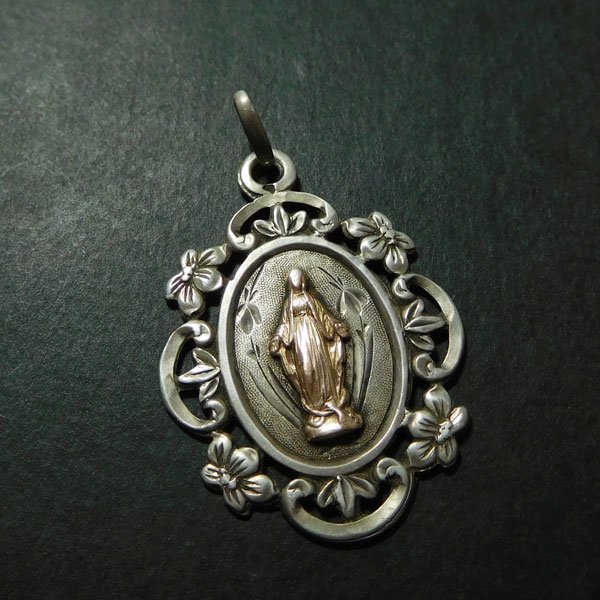 聖母マリア アンティーク メダイ シルバー 透かし - キリスト教聖品 
