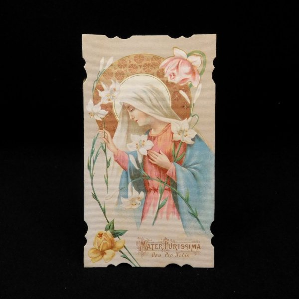 アンティーク ホーリーカード 聖母マリアと百合の花 - キリスト教聖品