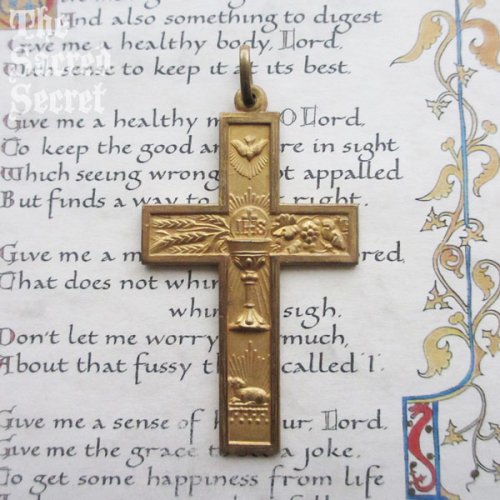 聖霊と聖杯と子羊のアンティーク十字架- 輸入メダイ・ロザリオ・十字架