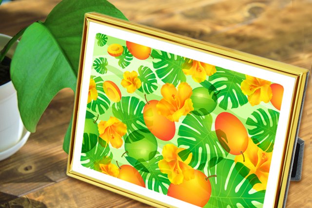 観葉植物モンステラと風水果実アートプレミアムマンゴー＆モンステラ2を飾ったイメージ
