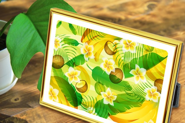 観葉植物モンステラと風水果実アートプレミアム バナナ＆ヤシ＆フランジパニを飾ったイメージ