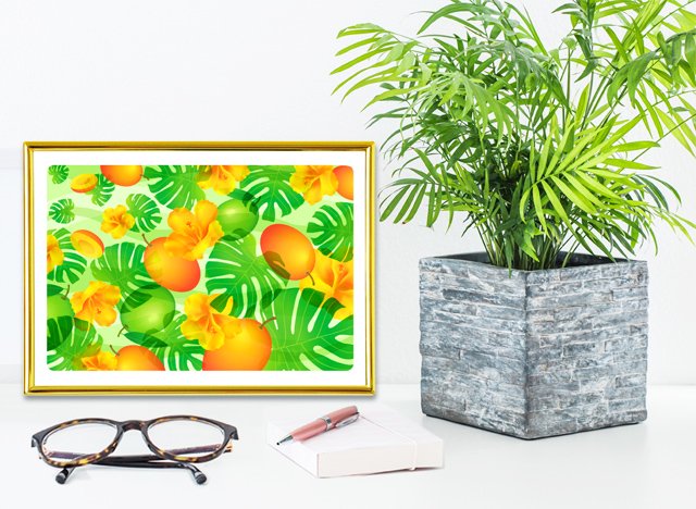 観葉植物テーブルヤシと風水果実アートプレミアムマンゴー＆モンステラ2のイメージ