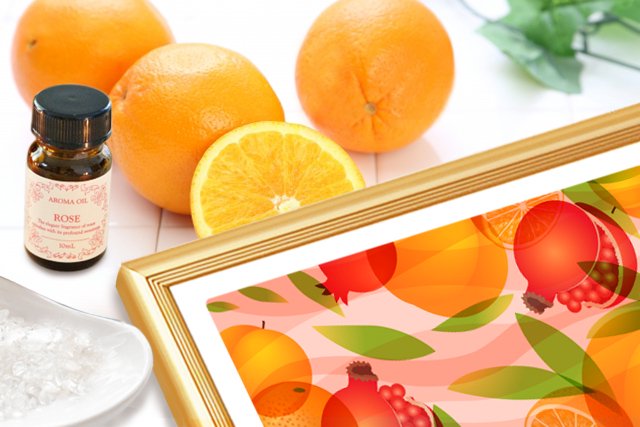 柑橘アロマとさざれ石と風水果実アートのイメージ