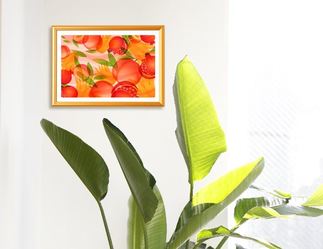 観葉植物と風水果実アートを飾った開運インテリア風景。