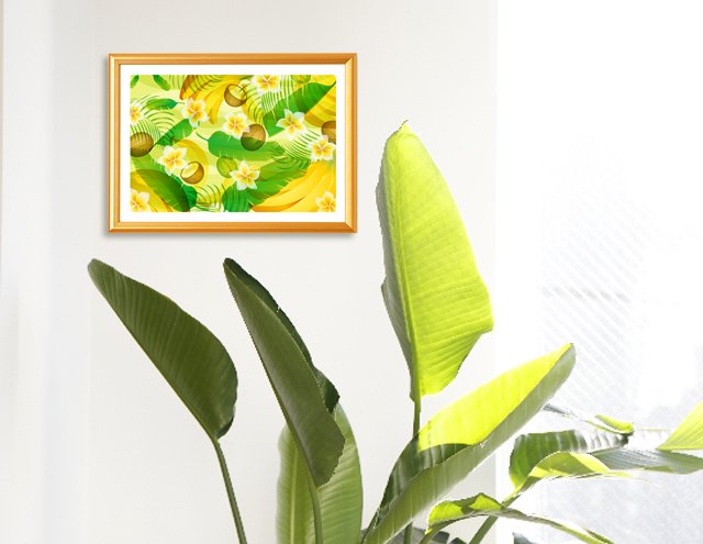 観葉植物と風水果実アートを飾った開運インテリア風景。