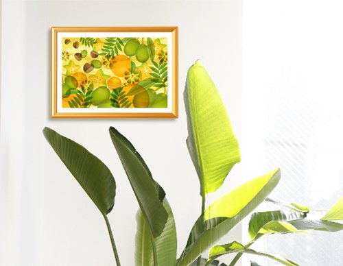 最上級風水果実アートオリーブ＆イヨカンを観葉植物の近くに飾ったイメージ
