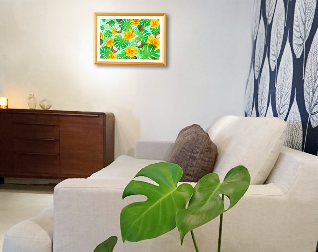 インテリア、リビングルームに観葉植物モンステラを置いた風水絵画イメージ