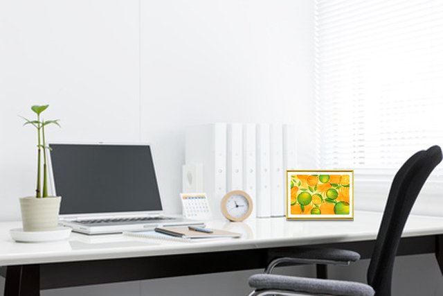 オフィスデスクに風水果実アートプレミアム仏手柑＆じゃばら＆三宝柑を飾るイメージ
