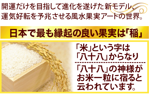 イラストファームがその専門性を生かし、開運だけを目指して創り上げた最上級モデル、運気好転を予兆させる風水果実アートの世界。日本で最も縁起の良い果実は「稲」であり「米」という字は「八十八」からなり「八十八」の神様がお米一粒に宿ると云われています。