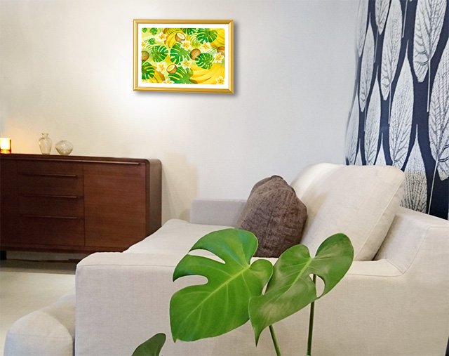 インテリア、リビングルームに観葉植物モンステラを置いた風水絵画イメージ2