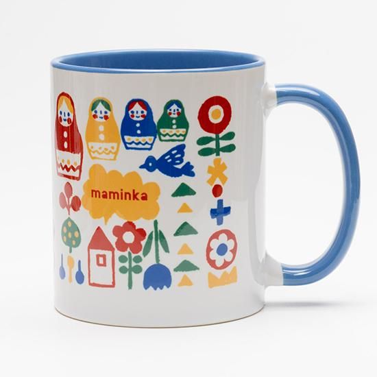 マトリョーシカ柄マグカップ（ブルー） - マトリョーシカ・白木