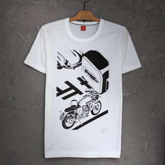 OUTLET - 白いTシャツと黒いバイク。