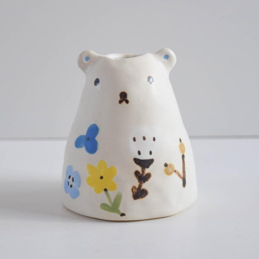 送料無料 いつまで 柴田菜月 くま 陶器（OGACHAKA工房 クマ皿 ピンク×ブルーのお花 立体・オブジェ