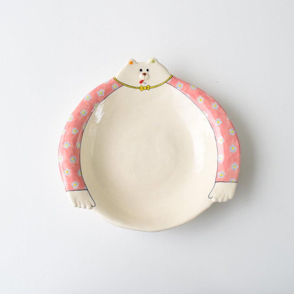 新品同様 くま 柴田菜月 陶器（OGACHAKA工房 ピンク×ブルーのお花 クマ皿 立体・オブジェ