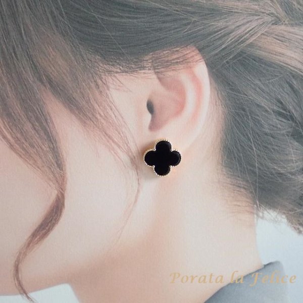 clover onyx pierce＆earring（１８ｍｍ）（ゴールド）