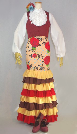 8段コンビフリルファルダ　薔薇　ベージュ - オリジナル フラメンコ衣装「12DOCE del FLAMENCO ドセデルフラメンコ」