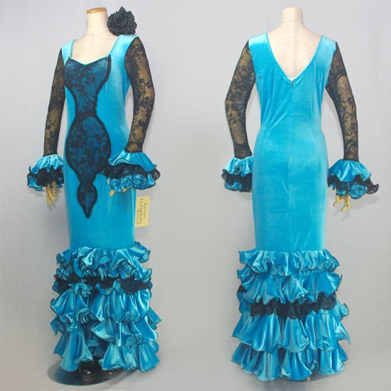 スペイン製ドレス Tientos ターコイズブルー オリジナル フラメンコ衣装 12doce Del Flamenco ドセデルフラメンコ