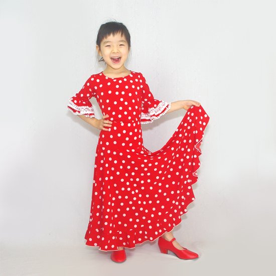 フラメンコ衣装 赤水玉ファルダ身長157cm - フラメンコ