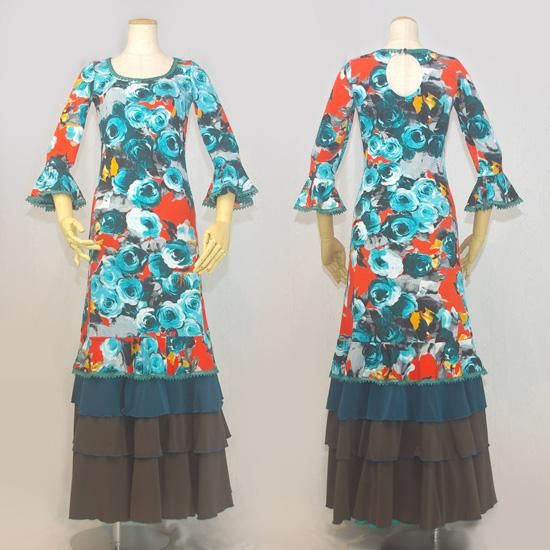 『送料無料』【美品 フラメンコ衣装】淡いイエロー×花柄 ドレス ファルダ セット ストレッチ Flamenco スカート ワンピース mika_2462-p32