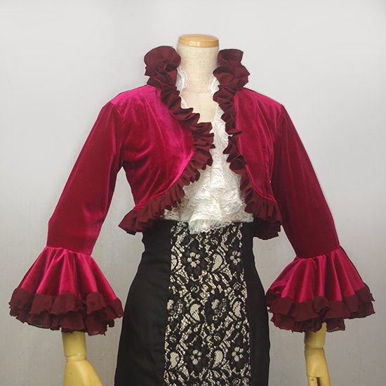 ベルベット素材のフリル付きボレロ　ワインレッド - オリジナル フラメンコ衣装「12DOCE del FLAMENCO ドセデルフラメンコ」