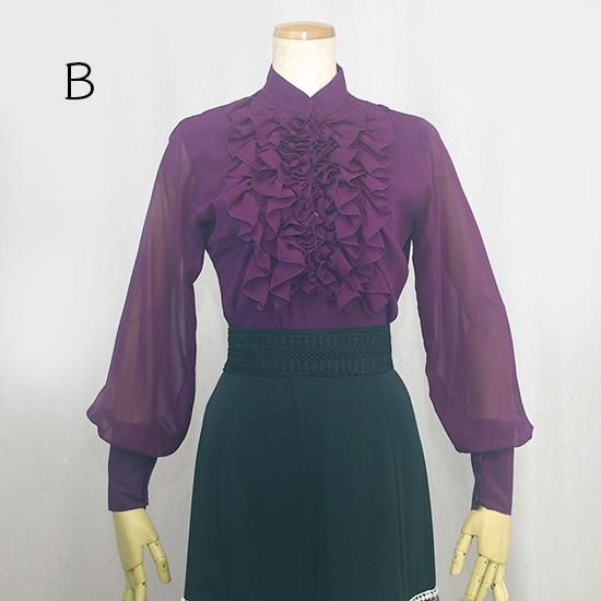 胸元フリル ロングカフスブラウス ダークパープル（シースルー）（裏地