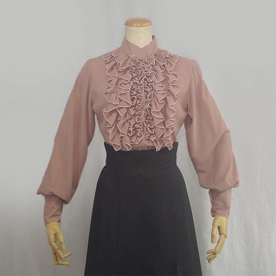 胸元フリル ロングカフスブラウス ピンクモカ（裏地付き