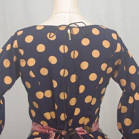 トリプルパフスリーブトップス ネイビー×モカ 水玉3cm