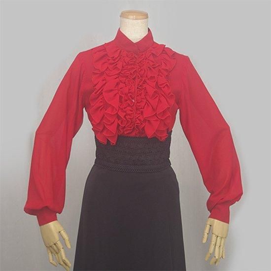 DOCE del FLAMENCOドセ デル フラメンコフリル 赤 ブラウス 胸元フリル6cmカフスブラウス ダークレッド(裏地付き