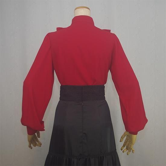 DOCE del FLAMENCOドセ デル フラメンコフリル 赤 ブラウス 胸元フリル ロングカフスブラウス 明るめのレッド（裏地付き