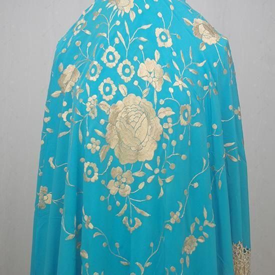 フラメンコ衣装　大判マントン　シルク　ターコイズブルー✖️サンドベージュ フラメンコ衣装 大判マントン シルク ターコイズブルー