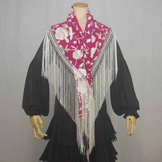 刺繍マントンシージョ 140cm×64cm フクシア×アイボリー - オリジナル