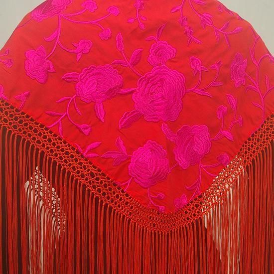 【美品】　フラメンコ　マントンシージョ刺繍　サーモンフローラル 刺繍マントンシージョ 136cm×56cm ROJO×ROSA - オリジナル