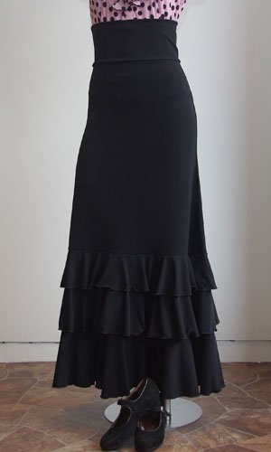 フラメンコ　ストレッチスカート　3段 黒バラ柄　大きめM〜L