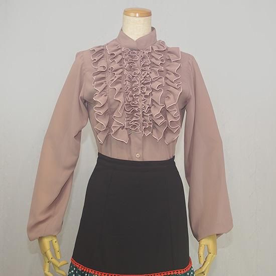 胸元フリル パフスリーブブラウス ピンクモカ（裏地付き