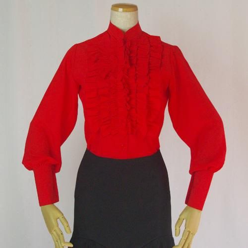 DOCE del FLAMENCOドセ デル フラメンコフリル 赤 ブラウス 胸元フリル パフスリーブブラウス ボルドー（裏地付き