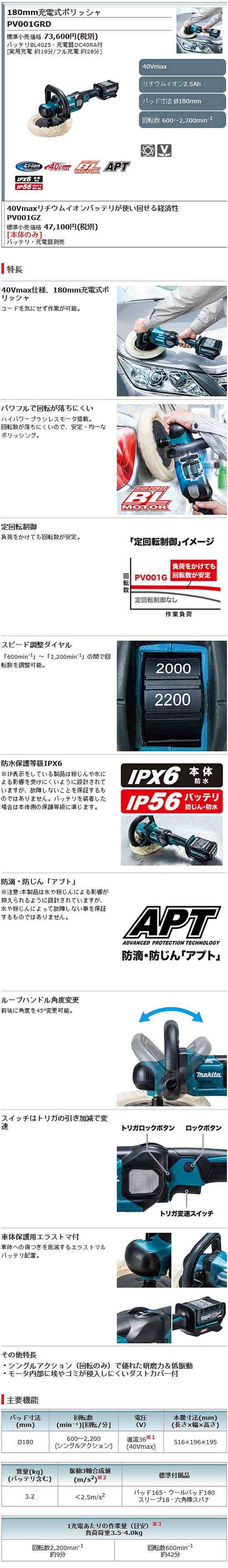 マキタ マキタ 充電式ポリッシャ PV001GZ 180mm 40Vmax