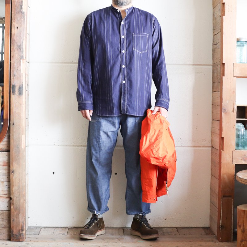 THE CORONA UTILITY【ザ コロナユーティリティ】Navy 1 Pocket Band Collar Shirt 　Dobby  Stripe - UNCLE SAM【アンクルサム】 大阪 アメリカ村のセレクトショップ / Online Store