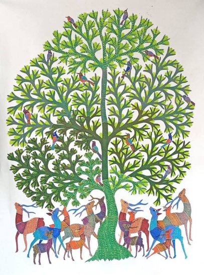 ゴンド画／ゴンド・ア－ト4「１本の木に集まるたくさんの鳥と鹿たち