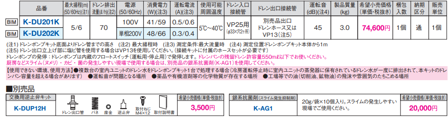 ドレンアップキット/ドレンポンプキット 空調関連部材 オーケー器材 ドレンポンプキット K-DU201K K-DU202K