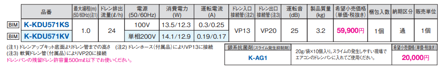 ドレンアップキット/ドレンポンプキット 空調関連部材 オーケー器材 ドレンアップキット K-KDU571KS K-KDU571KV