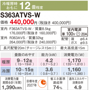 ダイキンルームエアコン VXシリーズ 12畳用 S363ATVS-W - 業務用エアコン・空調関連部材/資材 激安販売 【e-space】  |アリヨシショップ