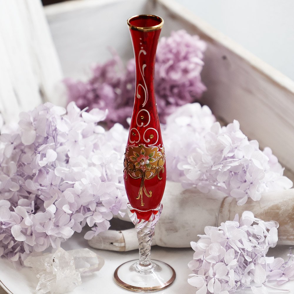 イタリア製金彩花柄赤色花瓶 - 海福雑貨通販部
