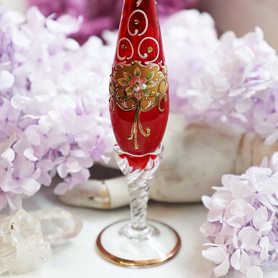 イタリア製金彩花柄赤色花瓶 - 海福雑貨通販部
